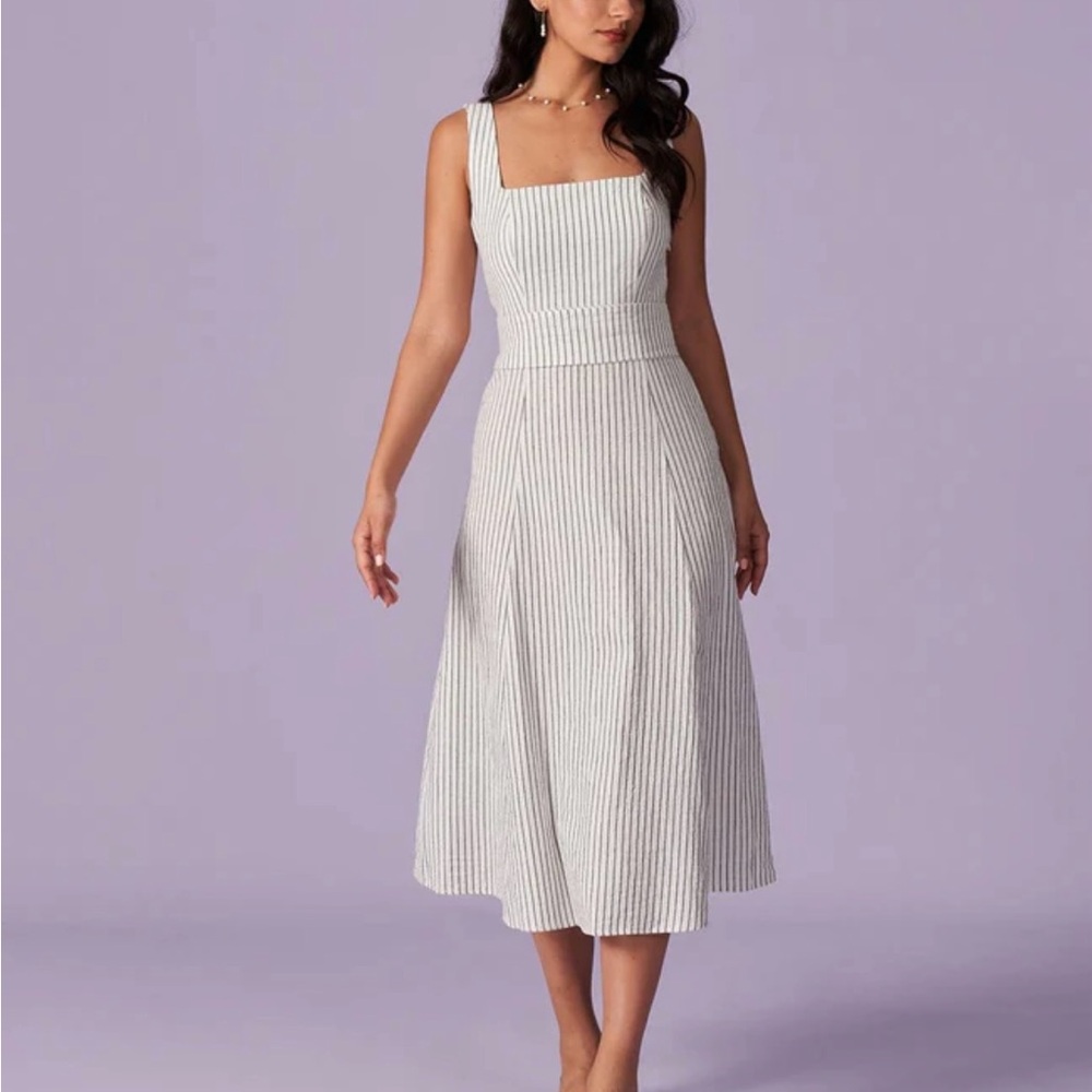 RIHOAS The White Square Neck Striped Midi Dress
